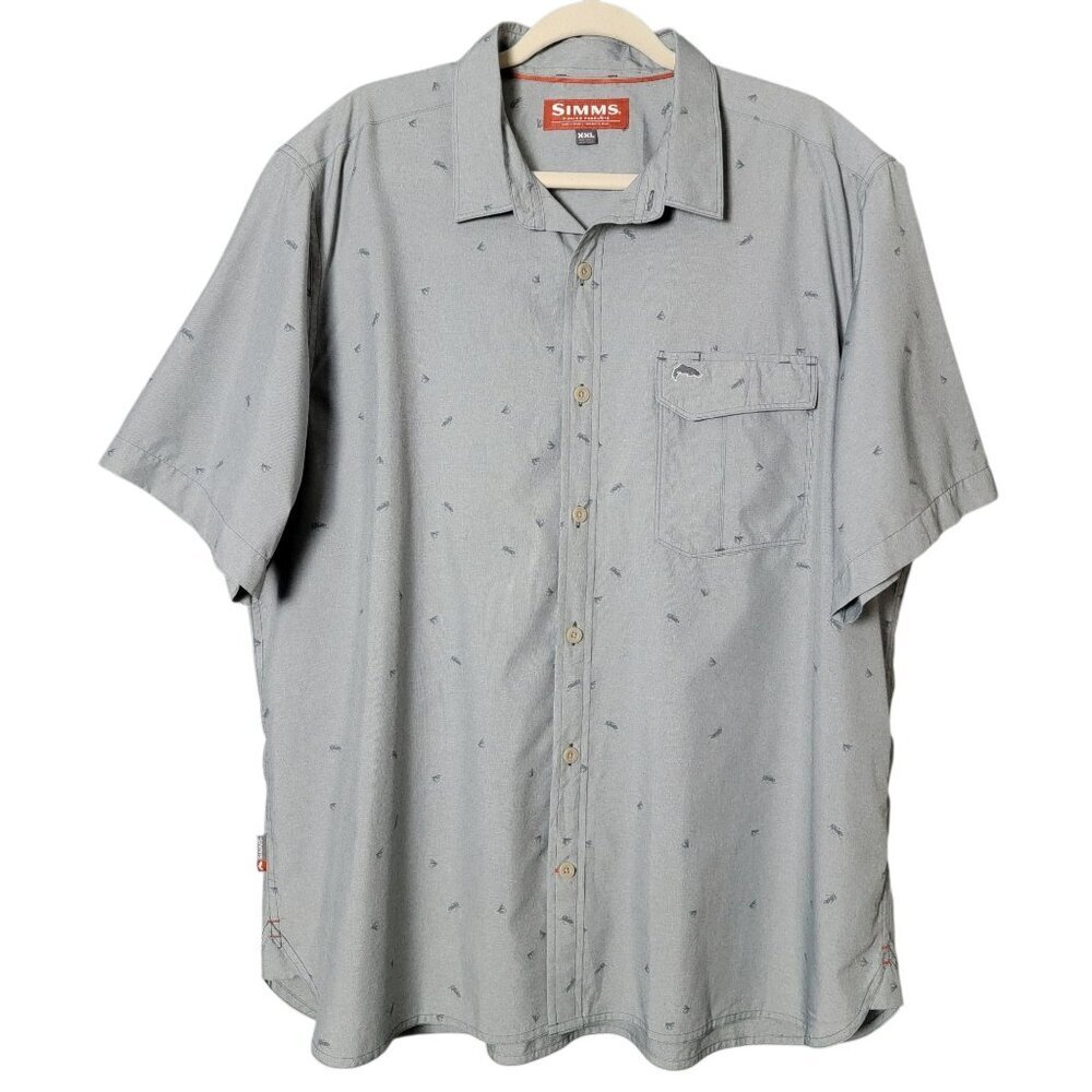 Simms Mens Gray Fly Fish Print Short Sleeve Shirt XXL Fishing Gorpcore Outdoors